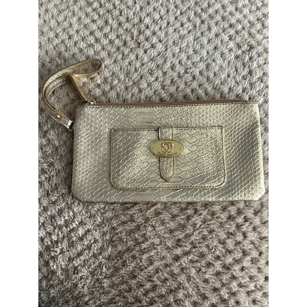 Sharif Gold Croc Embossed Makeup Bag/Clutch Wrist Strap Evening Bag